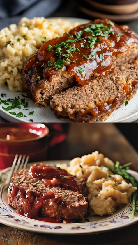 This Cracker Barrel Meatloaf is a hearty, comforting dish that combines tender ground beef with veggies, breadcrumbs, and a touch of sharp Cheddar cheese for richness. The sweet and tangy glaze made from ketchup, mustard, and brown sugar takes this classic meatloaf to the next level. Perfect for a family dinner, this recipe is easy to follow and results in a delicious, juicy meatloaf with a perfect balance of flavors. Juicy Meatloaf Recipes Beef, Meatloaf With Cracker Crumbs, Puerto Rican Meatloaf, Meatloaf Recipes With Cream Of Mushroom, Meatloaf Recipes Crockpot, Meatloaf With Stuffing Mix Recipe, Best Meatloaf Recipe Ever, Meatloaf Glaze Recipes, Meatloaf With Brown Gravy