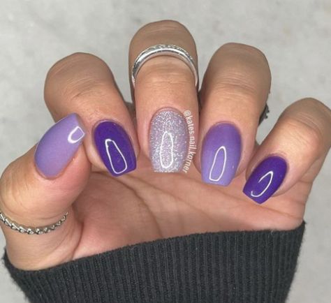 Lavender Mani Pedi, Purple Nail With Design, Purple Skittle Nails, Lavender Dip Powder Nails Short, Late February Nails Ideas, Purple Nails Different Shades, Purple Sns Nails Designs, 3 Color Manicure Ideas, Purple Nail Dipping Powder