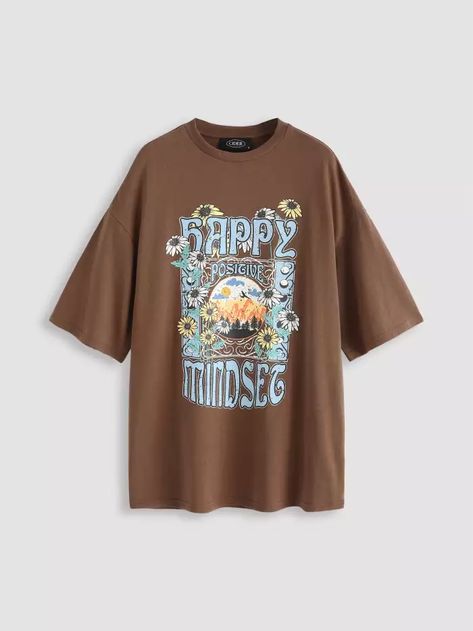 Tops - Cider Mindset Graphic, Cider Clothing, Brown Graphic Tee, Baseball Jacket Outfit, Happy Mindset, Clothing Aesthetic, Trendy Clothes For Women, Chest Pad, Oversized Tshirt