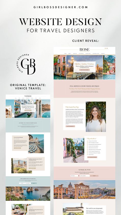 Take a peek at how we transformed our Venice Showit Template into a unique website layout for our client—showcasing our client’s brand colors and personality. This client was looking for a feminine and soft website and was able to achieve that with our Venice Showit Template as a base. Our templates come in a variety of color combinations & can be customized to your own brand color to fit your brand. Click here to take a closer look at this client’s website and to view the original template Unique Website Layout, Travel Website Design, Feminine Website, Website Planning, Boutique Designs, In Flow, Showit Template, Professional Website Design, Business Website Design