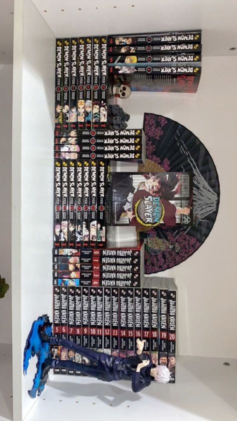 Demon Slayer Bookshelf, Manga Shelves Ideas, Jujutsu Kaisen Manga Collection, Jjk Manga Collection, Demon Slayer Manga Shelf, Manga Shelving Ideas, Demon Slayer Manga Collection, Manga Organization Ideas, Manga Room Ideas