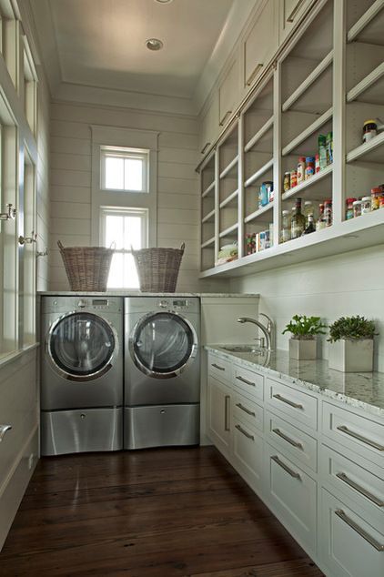 Laundry room plus pantry. Combining a pantry with the laundry room means you'll have one walk-in space instead of two regular closet-size spaces. Cottage Laundry Room, Laundry Room Pantry, Traditional Laundry Room, Laundry Pantry, Grey Laundry Rooms, Laundry Room/mud Room, Pantry Laundry Room, Pantry Room, Pantry Laundry