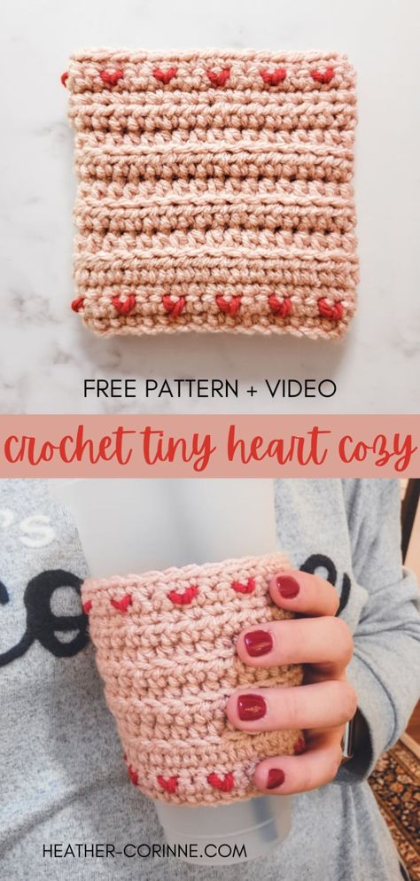 Pinterest graphic for the crochet Tiny Heart Cozy free patter + video. Crochet Heart Cup Cozy, Crochet Cup Cozy Tutorial, Coozie Crochet Patterns, Crochet Mug Sleeve, Crochet Projects Valentines Day, Crochet Cup Sleeve Free Pattern, Crochet Koozie Pattern Free, Coffee Cozy Crochet Pattern Free, Valentine’s Day Crochet Patterns