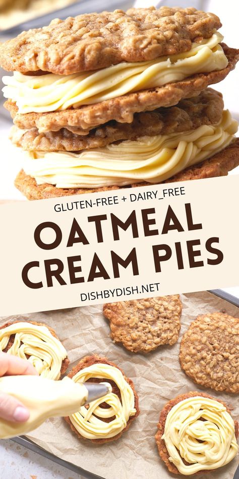 These gluten-free oatmeal cream pies are the perfect sweet treat - rich buttercream filling sandwiched between two soft, chewy oatmeal cookies...yum! Totally dairy-free too, but no one would care! Dairy Free Oatmeal Cream Pie, Dairy Free Oatmeal, Soft Chewy Oatmeal Cookies, Oatmeal Cream Pie, Gluten Free Cookies Easy, Soft Oatmeal Cookies, Chewy Oatmeal Cookies, Gluten Free Oatmeal Cookies, Oatmeal Creme Pie