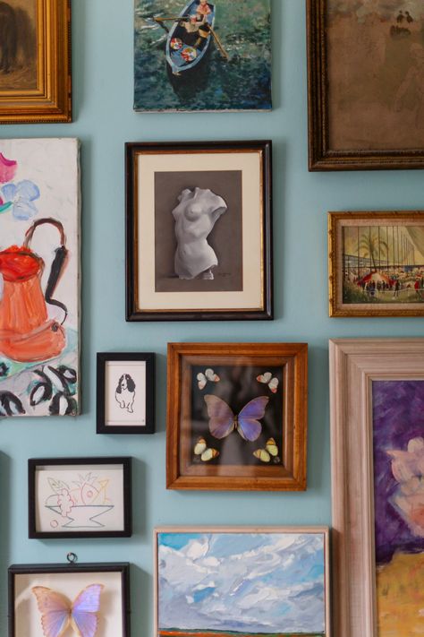 An artist's house decorated with riotous colour and collected paintings | House & Garden Pale Blue Bedrooms, Oval Room Blue, Chicken Pictures, London Townhouse, Painter And Decorator, House Color Schemes, London House, Grand Homes, Gallery Walls