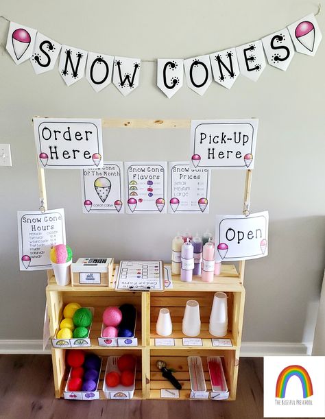 Dramatic Play Area Kindergarten, Kitchen Preschool Center, Imagination Station Ideas Classroom, Snow Dramatic Play Preschool, Winter Themed Dramatic Play, Diy Snow Cone Stand, Dramatic Play Stand Ideas, Rainbow Dramatic Play Preschool, Dramatic Play Store