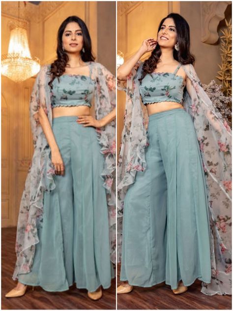 Indian And Western Fusion Dresses, Western Traditional Outfits Women, Georgette Cord Set Western, Desi Western Fusion Outfits, Republic Day Outfit Indian, Western Indian Fusion Outfit, Fancy Western Outfits Dresses, Fusion Wear Indian Western, Plazo Crop Top Indian Wedding