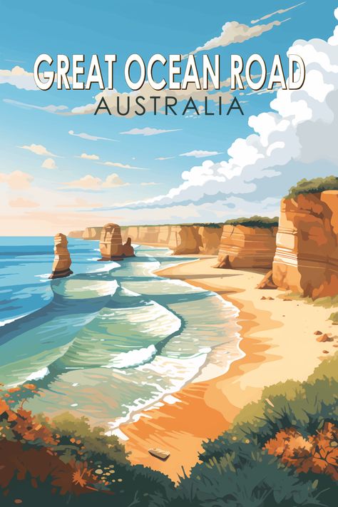 Retro art poster of Great Ocean Road in Australia showcasing coastal splendor and iconic landmarks. Australia Vintage Poster, Australia Travel Poster, Vintage Australian Posters, Vintage Travel Posters Australia, Australia Drawing Ideas, Ocean Alley Poster, Beachy Poster, Vintage Travel Posters Art Deco, Vintage Beach Posters