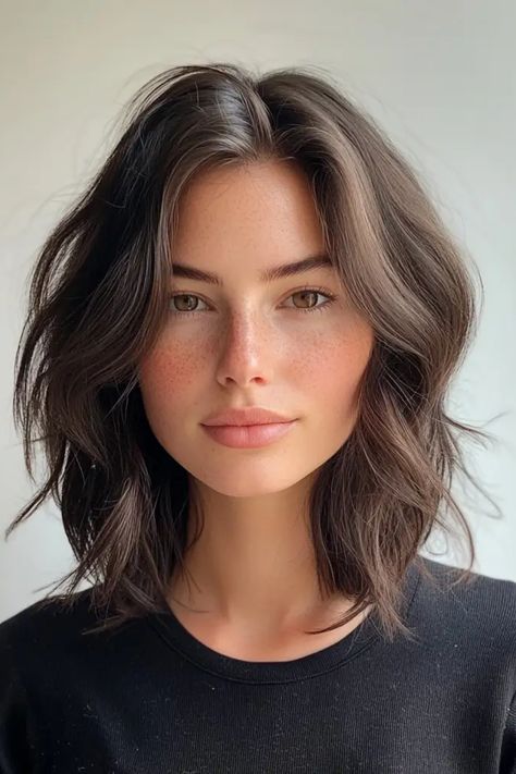 Woman with shoulder-length wavy brown hair, wearing a black top, against a plain background. Popular Shoulder Length Haircut, Shoulder Length Hair With Framing Pieces, Above Shoulder Bob Haircut, Chic Shoulder Length Hair, Collarbone Length Hair Styles, Natural Wave Haircut, Short Length Wavy Hair, 2024 Shoulder Length Hair, Below Collar Bone Length Hair