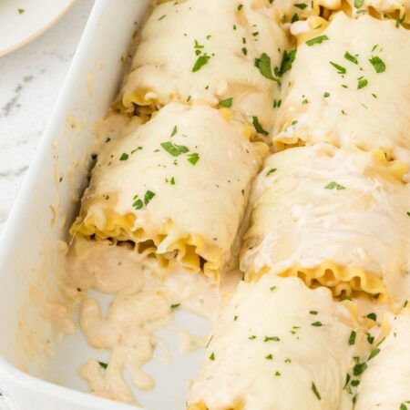 A pan of lasagna rolls with Alfredo sauce Chicken Alfredo Lasagna Roll Ups Recipe, Chicken Alfredo Rollups, Chicken Alfredo Rollups Lasagna Rolls, Chicken Alfredo Rolls, Lasagna With Alfredo Sauce, Lasagna Roll Ups Easy, Chicken Alfredo Roll Ups, Chicken Alfredo Lasagna Rolls, Alfredo Lasagna Recipe