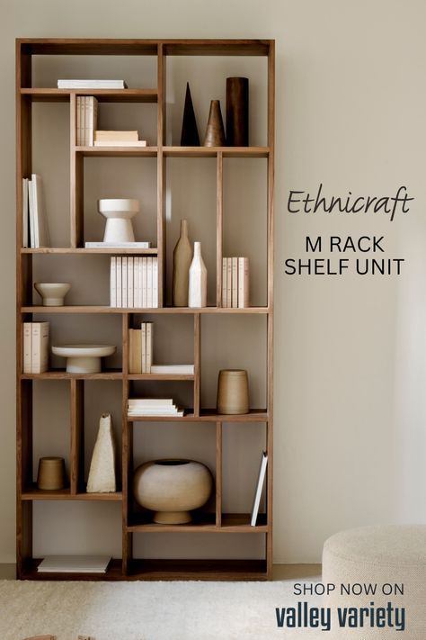 Inspired simplicity is the essential hallmark of the M Rack shelving unit from Ethnicraft. The M Rack offers a wide range of storage and display solutions for everything from books, planters and tech, to your favorite pieces of ceramics and sculptural objét. Available in two sizes and three wood finishes—the M Rack will fit perfectly in any room with any décor. Tall: 86”T x 41”W x 12”D Short: 35.5"T x 54.4”W x 12”D Solid Wood Finishes: Oak, Black Stained Oak or Natural Teak Bedroom Shelf Wood, Living Room Display Unit, Book Unit Design, Artistic Shelves, Book Shelves Design, Book Shelves In Living Room, Display Unit Design, Shelving Unit Ideas, Book Shelves Ideas