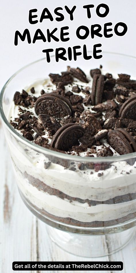 This Oreo Trifle may look really fancy, but that is really the beauty of trifles - they are gorgeous on display, but they are actually pretty simple to put together! Oreo Brownie Trifle, Oreo Dessert Easy, Oreo Trifle, Trifle Recipes Easy, Trifle Dessert Recipes, Dessert Truffles, Trifle Pudding, Fall Baking Recipes, Easy Dessert Recipe