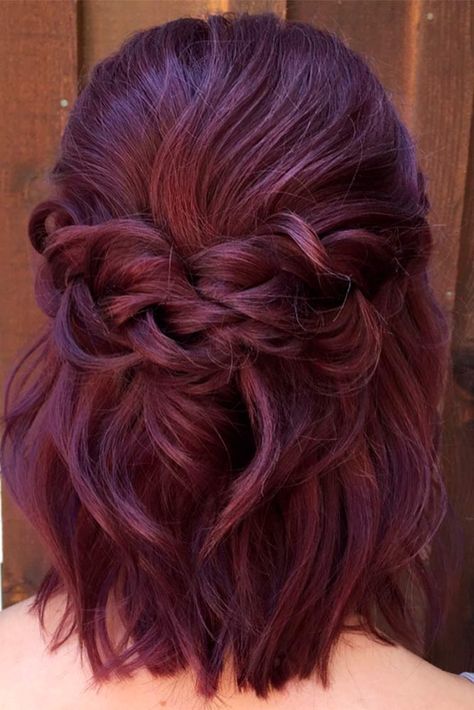 Trendy Hairstyles for Medium Length Hair You Will Love ★ See more: http://glaminati.com/hairstyles-for-medium-length-hair/ Fancy Hairstyles For Medium Length Hair, Winter Formal Hairstyles For Short Hair, Deep Purple Hair, Wedding Hair Half, New Short Hairstyles, Fancy Hair, Bridesmaids Hair, Wedding Hair Ideas, Bridesmaid Hair Short