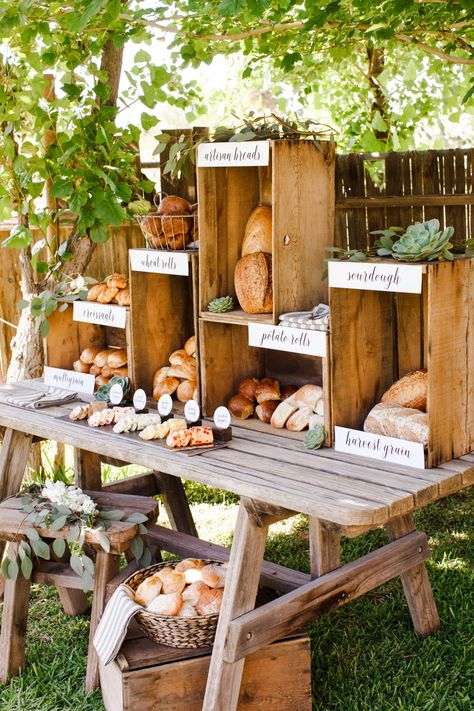 Create a Bread Wedding Food Bars, Unique Rustic Wedding, Wedding Food Stations, Rustic Style Wedding, Rustic Wedding Decorations, Food Stations, Food Displays, Food Display, Wedding Diy