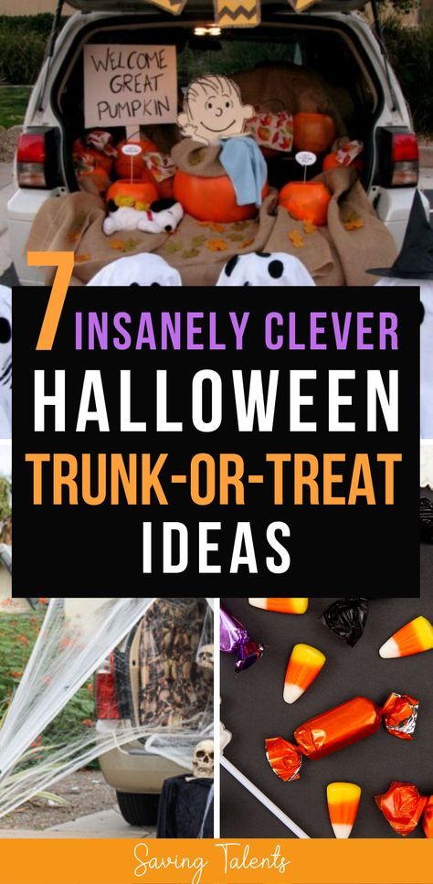 7 insanely clever Halloween trunk-or-treat ideas for an awesome Halloween celebration with kids. #halloween Trunk Or Treat Ideas For Van, Church Trunk, Halloween Car Decorations, Trunker Treat Ideas, Church Halloween, Trunk Or Treat Ideas, Clever Halloween, Halloween Fest, Hallowen Ideas