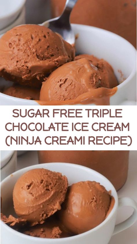 The ultimate Sugar Free Triple Chocolate Ice Cream experience with this decadent recipe crafted in the Ninja Creami machine. Chocolate Protein Ninja Creami, Ninja Creami Ice Cream Recipes Sugar Free, Keto Ice Cream Recipes Machine, Sugar Free Ninja Creami Recipes, Keto Ninja Creami Ice Cream Recipes, Ice Cream Ninja Creami, Ninja Creami Recipe, Freezer Desserts, Ninja Creamy