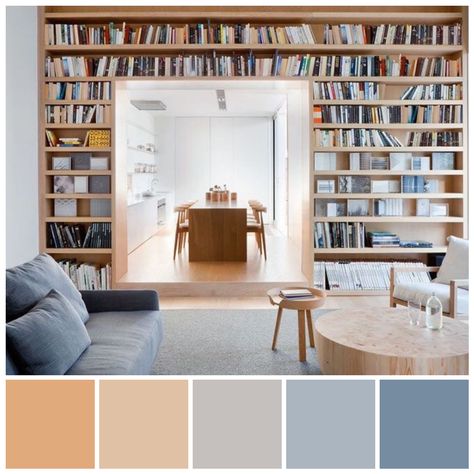 A subtle contrasting colour scheme featuring soft chroma tinted, greyed blue and tinted, greyed honey timber hues. The intermediate key, almost minor chord tonal values helps to create a sense of calm tranquility. Colour illustration by Zena O’Connor, PhD © Design Research Associates. Colour Palette Illustration, Palette Illustration, Cozy Home Library, Colour Illustration, Minimalist Furniture Design, Grey Palette, Pallet Painting, Minimalist Furniture, Design Research