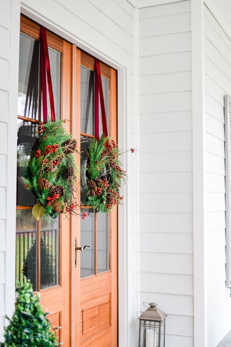 How to Hang a Wreath Using Ribbon Without Damage Wreath On Storm Door, How To Hang Wreath On Glass Front Door, Hang Wreath On Door, How To Hang Wreath On Front Door, Hang Wreath With Ribbon, Decor Diy Aesthetic, Wreath On Door, Door With Window, Christmas Wreaths For Windows