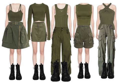 Aeluri on ShopLook | The easiest way to find the perfect outfit Dark Green Korean Outfit, Green Stage Outfit, Preformance Outfits Green, Green Kpop Stage Outfits, Kpop Girl Group Outfits, Girl Group Outfits, Green Military Hooded Jacket For Streetwear, Army Green Skirt, Group Outfits