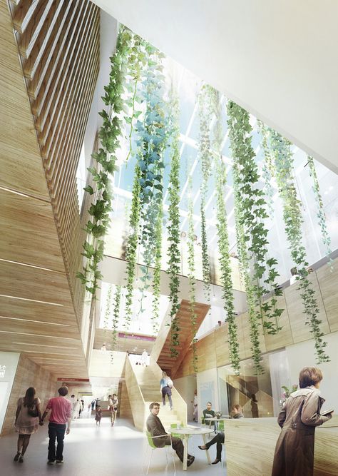 aarhus Designs Revolutionary Proton Therapy Center for Denmark,Courtesy of aarhus architects Atrium Design, Therapy Center, Hospital Architecture, Healthcare Architecture, Mall Design, Hospital Design, Healthcare Design, Green Architecture, The Lobby