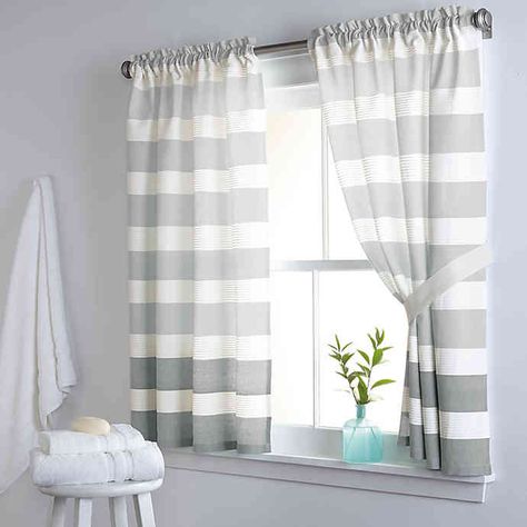 DKNY Highline Stripe 38-Inch x 45-Inch Cotton Window Curtain Panel Pair in Grey | Bed Bath and Beyond Canada Bath Window, Bathroom Window Curtains, Bathroom Window Treatments, Bathroom Window, Small Window, Nursery Curtains, White Bed, Striped Shower Curtains, Curtain Ideas