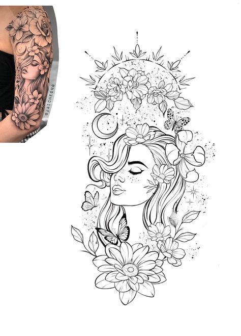 Women Tattoo Ideas Arm, Aphrodite Tattoo Design Greek Mythology, Fineline Sleeve Tattoo, Unique Upper Arm Tattoos For Women, Warrior Woman Tattoo, Woman Portrait Tattoo, Teen Tattoos, Aphrodite Tattoo, Norse Mythology Tattoo