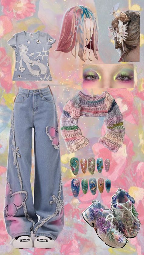 outfit but pastel!!!!! #outfit #pastel Hypercore Aesthetic Outfits, Y2k Outfits Pastel, Rainbow Pastel Outfit, Pastel Preppy Outfit, Pastel Y2k Outfit, Candycore Outfits, Korean Pastel Outfits, Sweet Like Candy Outfit, Pastel Clothes Outfits