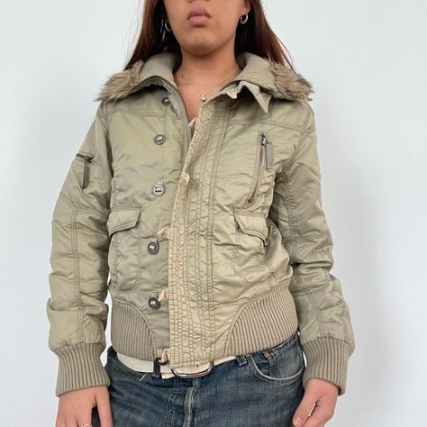 Vintage khaki zip up bomber puffer jacket with faux... - Depop Fur Trim, Coats Jackets Women, Puffer Jacket, Coats For Women, Faux Fur, Zip Ups, Puffer, Bomber Jacket, Coats Jackets