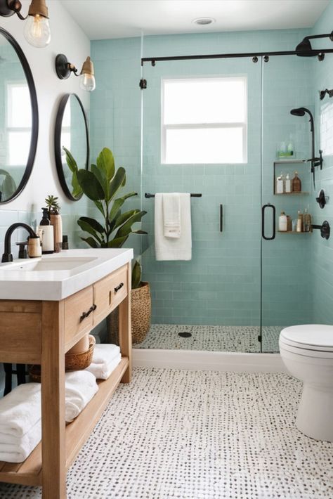 Transform your cramped bathroom into a luxurious spa-like sanctuary! These 10 incredible makeovers prove that size doesn't matter when it comes to creating a relaxing oasis. From calming color schemes to smart storage solutions, get inspired to turn your small space into the retreat of your dreams. #BathroomMakeover #SmallSpaces #HomeImprovement Light Blue Green Bathroom Ideas, Light Blue Green Bathroom, Sea Blue Bathroom, White Bathroom With Colorful Accents, Light Blue Small Bathroom, Airy Bathroom Ideas, Sea Foam Bathroom, Blue Boho Bathroom, Seaside Bathroom Ideas