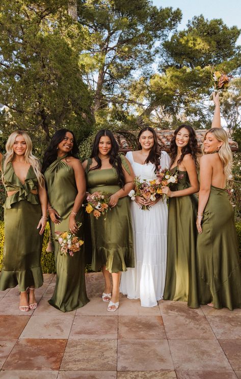 Mismatched Green Bridesmaid Dresses, Olive Bridesmaid Dresses, Fall Bridesmaid, Different Bridesmaid Dresses, Olive Green Bridesmaid Dresses, Olive Green Weddings, Fall Wedding Bridesmaids, Summer Bridesmaids, Olive Wedding