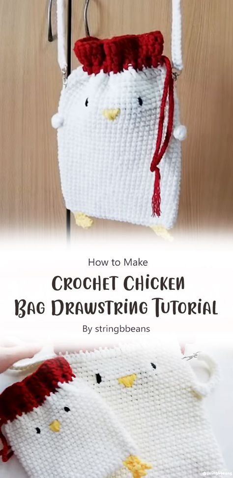 One such delightful project is the crochet chicken bag drawstring. In this tutorial, stringbbeans will take you through the step-by-step process of creating your very own chicken-inspired drawstring bag. Chicken Drawstring Bag, Crochet Chicken Purse Pattern, Chicken Bag Crochet, Crochet Chicken Bag Pattern Free, Crochet Animal Bags Free Pattern, Crochet Chicken Purse, Chicken Bag, Crochet Drawstring Bags, Crochet Drawstring Pouch Pattern Free