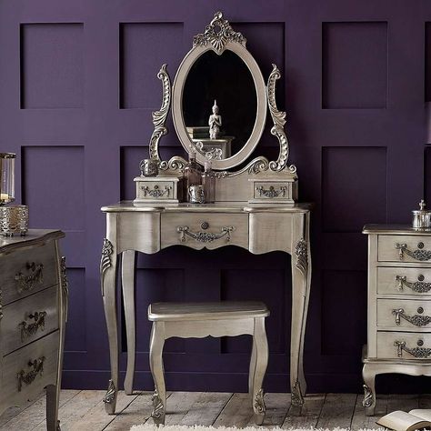 Toulouse Silver Dressing Table and Stool | Dunelm Shabby Chic Dressing Table, Antique Dressing Table, Shabby Chic Dressers, Shabby Chic Chairs, Dressing Table With Mirror, Silver Bedroom, Vanity With Mirror, Chic Dressing, Chic Desk