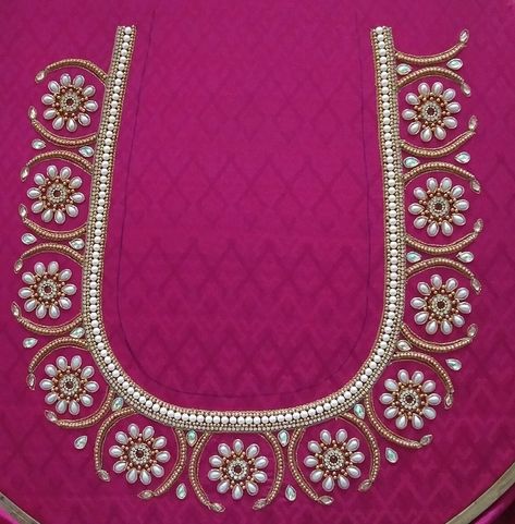 Blouse Designs With Beads Work, Maggam Work With Pearls, Silver Beads Work On Blouse, Pearl Aari Work Blouse Designs, Pearl Maggam Work Blouse Designs, Silver Work Blouse Designs Indian, Simple Pearl Work Blouses, Pearl Work Blouses, Silver Aari Work Blouse