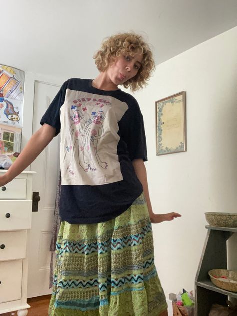 Long Skirt Big Shirt Aesthetic, Big T Shirt And Skirt, Long Skirt Tee Shirt Outfits, Big Shirt Long Skirt Outfit, T Shirt Long Skirt Outfit, Big Shirt Big Skirt, Skirt And Baggy Shirt, Long Skirt T Shirt Outfit, Long Skirt Big Shirt