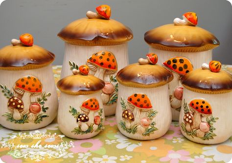 Merry Mushroom Canister Collection | Flickr - Photo Sharing! Merry Mushroom, Ceramic Canister, Vintage Mushroom, Mushroom Decor, Vintage Dishes, Canister Sets, The Good Old Days, Retro Kitchen, Canisters