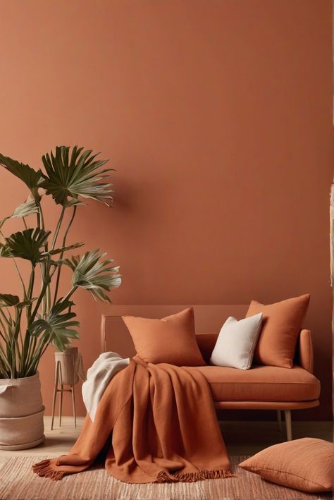 Terracotta, Colors, Warmth, Home Terracotta Wall Painting, Coloured Wall Living Room, Terra Cotta Room Color, Natural Woodwork With Painted Walls, Dulux Terracotta Paint, Sedona Clay Benjamin Moore, Coloured Wall Bedroom, Terra Cotta Furniture, Valspar Terra Cotta Paint Colors