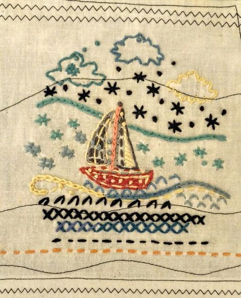 Apron Embroidery Designs, Embroidery Sailboat, Sailboat Embroidery, Embroider Ideas, Summer Embroidery, Clothes Embroidery Diy, Advanced Embroidery, Thread Painting, Embroidery On Clothes