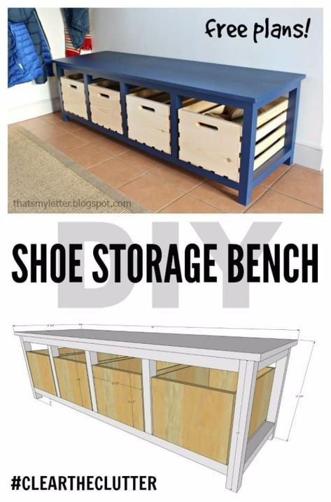 DIY Storage Ideas - DIY Shoe Storage Bench - Home Decor and Organizing Projects for The Bedroom, Bathroom, Living Room, Panty and Storage Projects - Tutorials and Step by Step Instructions for Do It Yourself Organization #diy Shoe Storage With Bench, Easy Diy Storage Ideas, Diy Shoe Storage For Small Spaces, Diy Shoe Rack Easy, Bedroom Diy Ideas Cheap, Diy Shoe Bench, Shoe Storage Ideas Diy, Shoe Storage Living Room, Bookbag Storage