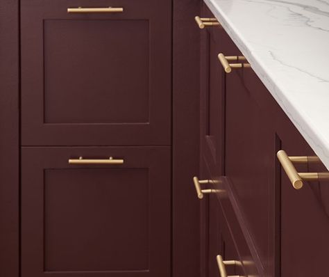 Kitchen Repaint, Lower Kitchen Cabinets, Plum Kitchen, Red Kitchen Cabinets, Red Kitchen Island, Paint Decor, Burgundy Paint, Kitchen Cabinet Color Ideas, Red Cabinets