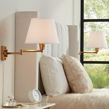 Clement Warm Gold Swing Arm Plug-In Wall Lamps Set of 2 Plug In Wall Lamp, White Light Fixture, Wall Lamp Design, Wall Sconces Bedroom, Wall Mounted Lamps, Sconces Bedroom, Lamp Sets, Wall Lamps, Linen Shades