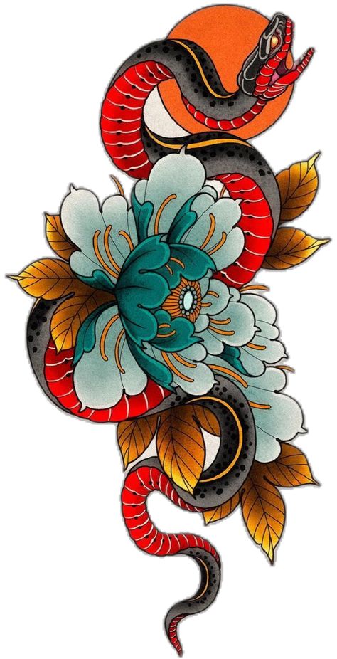 Japanese Trad Tattoo Design, Girly Japanese Tattoo, Japanese Colour Tattoo, Girly Snake Tattoo, Japanese Snake Art, Neotraditional Snake Tattoo, Japanese Neo Traditional Tattoo, Snake Flowers Tattoo, Neo Traditional Japanese Tattoo