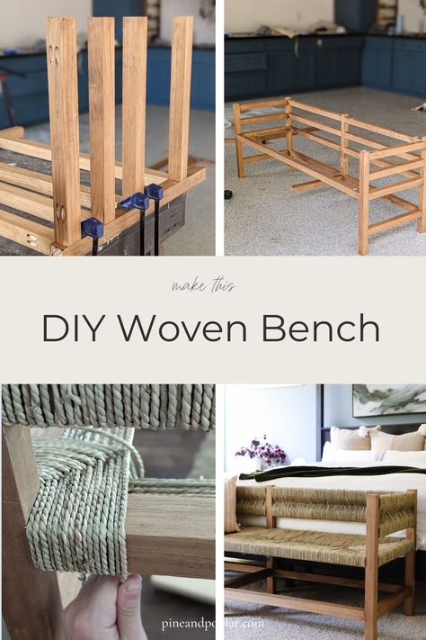 Make your own DIY bench with this step-by-step tutorial! We'll show you how to create this designer woven bench look for way less than retail prices. How To Style A Bench, Diy Bench With Back, How To Make A Bench, Diy Padded Bench, Bed Bench Diy, Dyi Bench, Diy Woven Bench, Woven Bench, Diy Wood Bench