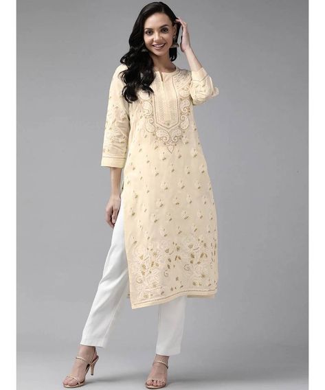 Embroidered Fawn Cotton Lucknowi Chikankari Kurta Chikan Kurta, Chikan Kurti, Kurti Top, Designer Kurta, Lucknowi Chikankari, Cotton Tunic, Dress Gift, White Embroidery, Boho Dress