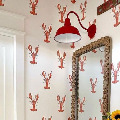 SARA FITZ on Instagram: "When a little bit of Maine lands in Texas ❤️ LOVE when you guys share your gorgeous spaces w us!! Our wallpaper is quite lucky to live in such fabulous spots! @lindseyherodinteriors 😍😍" Lobster Wallpaper, Bathroom Vision Board, Red Beach, Red Lobster, Chinoiserie Chic, Your Gorgeous, Cottage Design, Bathroom Wallpaper, Bath Room