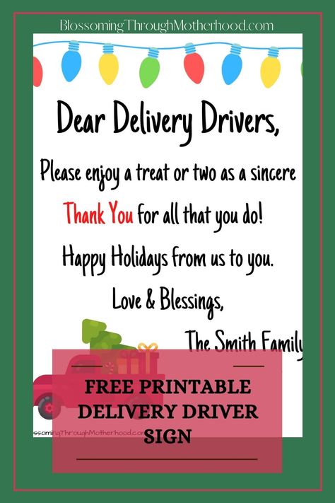 Snacks For Delivery People, Snacks For Ups Drivers, Ideas For Delivery Drivers, Holiday Treats For Delivery Drivers, Delivery Treat Basket, Thank You Delivery Drivers Printable Free, Message For Delivery Drivers, Delivery Drivers Thank You, Thank You Delivery Drivers