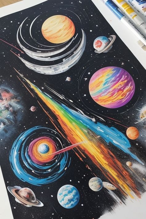 A fantastic view of outer space A breathtaking view Ol 4 Planet Colored Pencil, Drawing Of Space, Drawing With Oil Pastels, Paint Book, Outer Space Art, New Planet, Planet Drawing, Planet Colors, Oil Pastels