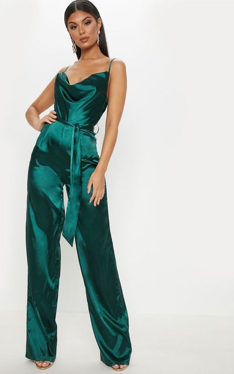 Emerald Green Cowl Neck Jumpsuit | PrettyLittleThing USA Green Jumpsuit Outfit, Emerald Green Outfit, Designer Overalls, Emerald Green Jumpsuit, Tie Waist Jumpsuit, Satin Jumpsuit, Wedding Jumpsuit, Green Trousers, Designer Jumpsuits