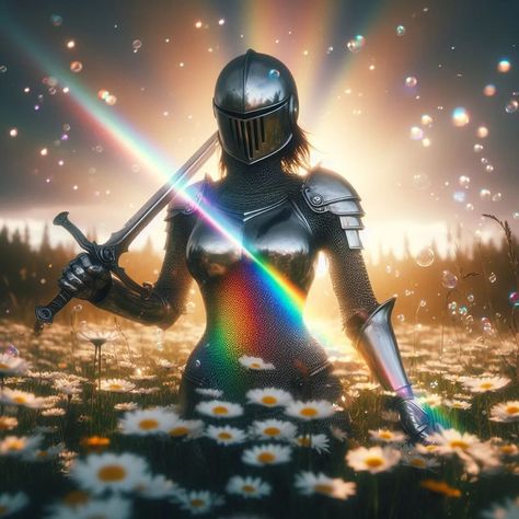 A warrior wears a chrome armor, carries a sword from which a rainbow starts, she is in the middle of a field of daisies, the light looks like the reflection of a prism emanates the colors of a rainbow. Bubbles float around her. High Definition Image, 50mm lens, f/1.8 ❤️like if you love it. 💬Comment, ↪️Share and 🔔Follow. if you wanna see more content please support. # hashtag: #DigitalArt #DigitalArtist #DigitalIllustration #DigitalPainting #ProcreateArt #Illustration #ArtOfTheDay #ArtistO... Chrome Armor, Field Of Daisies, Rainbow Bubbles, Rainbow Warrior, Daisy Field, The Reflection, F 1, A Rainbow, Art Day