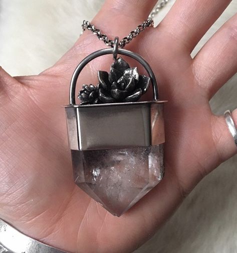 Excited to share this item from my #etsy shop: Succulent capped huge lodolite garden clear quartz crystal sterling silver pendant necklace 925 distressed phantoms point gem large wand Pmc Jewelry, Silversmithing Jewelry, Garden Quartz, Fairy Jewelry, Quartz Crystal Pendant, Triangle Pendant, Healing Jewelry, Silver Jewelry Handmade, Sterling Silver Necklace Pendants