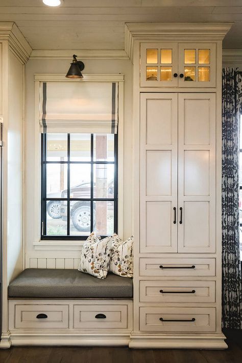 Glazed White Cabinets in Benjamin Moore White Dove with Vandyke glaze | Alicia Zupan Vstupná Hala, Farmhouse Storage Cabinets, Mudroom Entryway, Laundry Mud Room, In The Corner, Mud Room, Remodel Bedroom, Window Seat, Cabinet Design